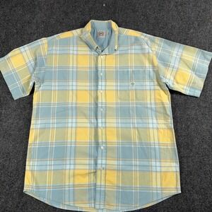 Cinch Plaid Western Button Down Shirt Short Sleeve Cotton Large Blue Yellow